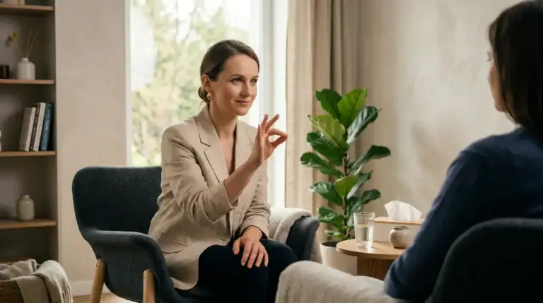 Psycholog i psychotraumatolog Agata Socha podczas sesji terapeutycznej w gabinecie w Krośnie – wsparcie w leczeniu lęku i traumy metodą EMDR.